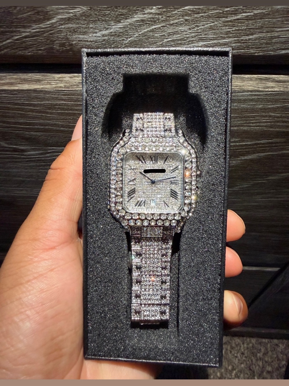 Silver Tone Iced Out Moissanite Square Dial Roman Numeral Watch